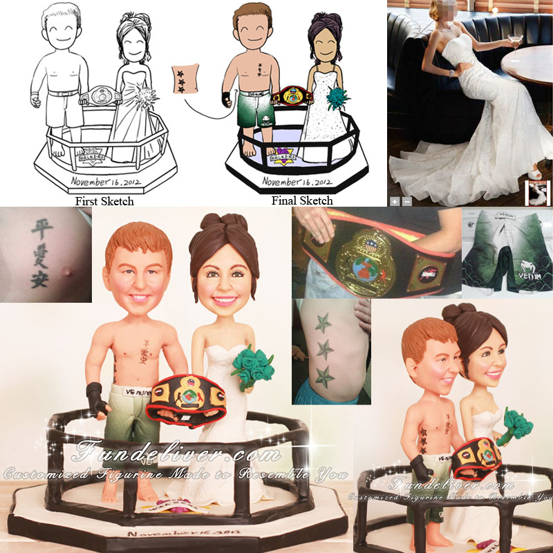 Couple Holding Championship Belt MMA Wedding Cake Toppers